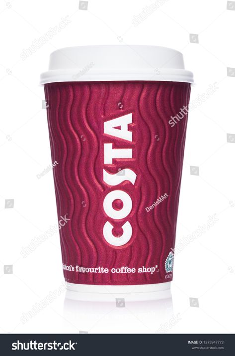 LONDON, UK - APRIL 15, 2019: Costa Coffee Paper Cup from the famous coffee shop chain with logo in the middle on white. #Ad , #AD, #Costa#Paper#Coffee#UK Costa Coffee Cup, Coffee Paper Cup, Coffee Paper, Costa Coffee, April 15, Paper Cup, Social Media Graphics, London Uk, In The Middle