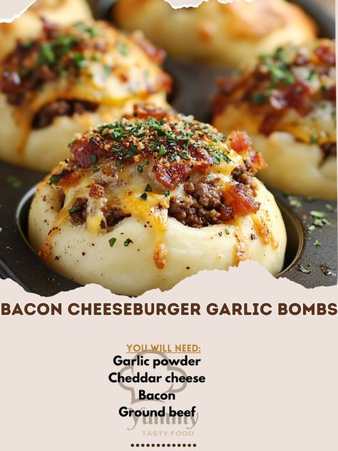 🍔🧄 Juicy and cheesy Bacon Cheeseburger Garlic Bombs—perfect for game day or snack time! 🍔🧀 #GarlicBombs #BaconLovers Bacon Cheeseburger Garlic Bombs Ingredients: Ground beef (1 lb) Bacon (6 strips, cooked and crumbled) Cheddar cheese (1 cup, shredded) Garlic powder (1 tsp) Biscuit dough (1 can) Butter (2 tbsp, melted) Parsley (1 tbsp, chopped) Salt and pepper (to taste) Instructions: Preheat oven to 375°F (190°C). Grease a muffin tin. Cook ground beef, season with salt, pepper, and garlic... Cheeseburger Wrap, Can Butter, Cozy Fall Recipes, Canned Butter, Biscuit Dough, Cheesy Bacon, Amazing Appetizers, Bacon Cheeseburger, Muffin Tin