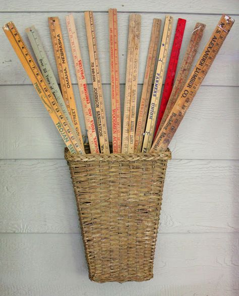 Reclaim. Restore. Repurpose. or use as 'Down Home Décor' | "Vintage yardstick- Itsy Bits And Pieces" Ruler Crafts, Repurposed Projects, Yard Sticks, Willow House, Yard Sale Finds, Shelving Ideas, Stick Art, Yard Sales, Old Chairs