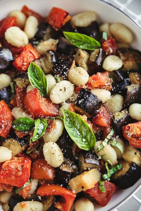 Eggplant And Gnocchi, Gnocchi Eggplant Recipes, Eggplant Gnocchi Bake, Gnocchi Tomato Recipes, Gnocchi Eggplant, Gnocchi And Cherry Tomatoes, Spinach Tomato Gnocchi, Greek Tortellini Salad, Vegetarian Roast