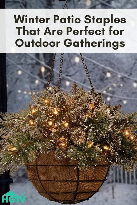 Winter Backyard Ideas Snow, Fake Outdoor Plants Winter, Deck Holiday Decorating, Outdoor Party Ideas Cold Weather, Winter Pergola Snow, Cold Weather Patio Outdoor Spaces, Winter Plants Outdoor Front Porches, Holiday Deck Decorating Ideas, Winter Deck Decor