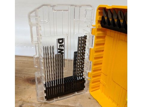 I really like the new Dewalt "Tough Cases" they use the same dovetail system for inserts, but now they have a clear side and can lock together. They are also compatible with the new Craftsman cases This is an insert that fits into one of these cases to hold T-shank jigsaw blades.You can fit up to 20 blades into one insert. I've included openSCAD and STL files. The SCAD file really isn't ready for Customizer so I have disabled it, but I've included it if you need to tweak the fit. The dovetails a Craftsman Casing, One Piece Design, Jigsaw Blades, Small Organization, Stl Files, Air Tools, Tool Accessories, Workshop Equipment, Locker Storage