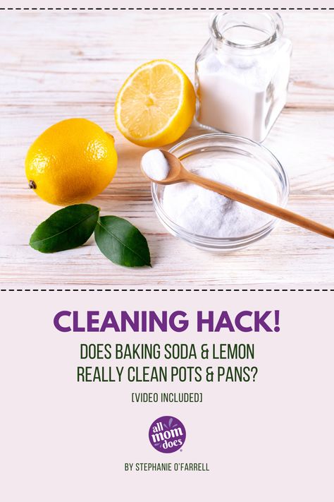 Say goodbye to stubborn stains and burnt food on your pots and pans with this simple cleaning hack! Mix baking soda with lemon juice to create a powerful scrub to tackle stained cookware. Plus, it's all-natural and budget-friendly!   **Does Baking Soda & Lemon Really Clean Pots & Pans? [Video included] by Stephanie O'Farrell Pan Cleaner Diy Baking Soda, Washing Fruit With Baking Soda, Clean Oven With Lemon And Water, Lemon For Cleaning, Lemon And Baking Soda Cleaning, Cleaning Burnt Pans, Cleaning Pans, Lemon Cleaning, Laundry Powder