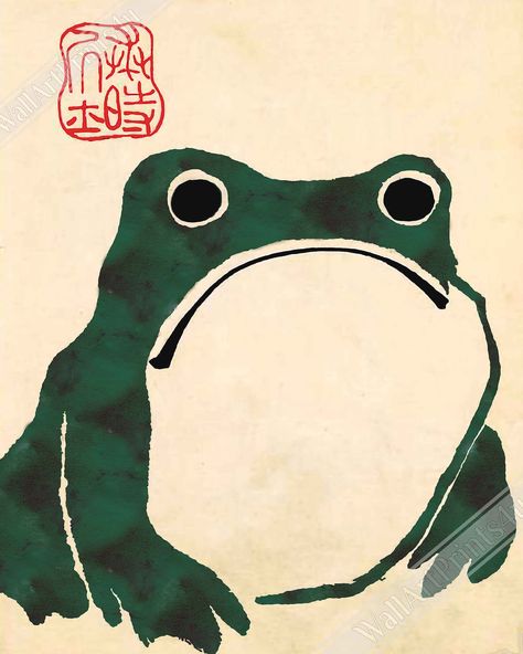 "Vintage Japanese Art Print Matsumoto Hoji Sad Green Frog Circa 1814 This sad frog / toad belongs to a category of Japanese painting known as Zenga, or \"Zen picture.\" For Zen monks, painting provided a medium to express their own Zen experience and pleasure.  Not much is known about Matsumoto Hoji, the artist who most believe painted the frog. Others believe the frog to have been created by Kawanbe Kyosai, another Zen monk who died in 1889. POSTER & SHIPPING INFORMATION: This listing is for posters of various sizes, small 6 x 8, 8 x 10, 12 x 16, 16 x 20, 18 x 24, 24 x 32 or giant 30 x 40 inches. Choose your size :-). They are perfect for framing and are print quality. We also do many other posters, prints and wall art. Check out the listings in our shop. If what you want isn't there let Japanese Art Poster, Matsumoto Hoji, Zen Pictures, Vintage Japanese Art, Japanese Art Print, Bleach Art, Frog Art, Japanese Woodblock, Green Frog