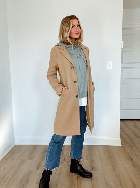 LEANNES LOOKBOOK: CAMEL COAT, SWEATSHIRT, COMBAT BOOTS - Lifestyle Blog by Leanne Barlow Leanne Barlow, Elle Apparel, Black Combat Boots, Sweatshirt White, White Button Up, Camel Coat, Clothing Design, Blue Sweatshirt, Button Up Top