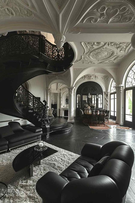 38 Contemporary Elegance Meets Gothic Charm in Living Room Design Black Spiral Staircase, Gothic Couch, Gothic Living Rooms, Gothic Living Room, Black Couches, Bungalow Floor Plans, Modern Gothic, Dark Color Palette, Barndominium Floor Plans