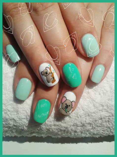 Koala Nails Designs, Koala Nails, Koala Accessories, Zoo Nails, Cute Animal Nail Art, Australia Nails, Cute Animal Nail, Baby Shower Nails, Animal Nail Designs