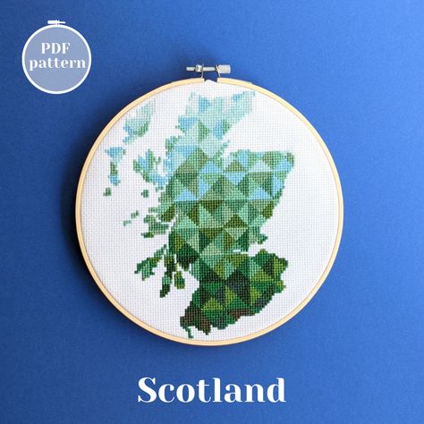 Map of Scotland with geometrical green background. This cross stitch design is made for your own pleasure of stitching unique DIY wall decor or gift for a friend. Counted embroidery chart is easy to follow. Cross Stitch Scotland, Diy Travel Decor, Counted Embroidery, Country Silhouette, Map Cross Stitch Pattern, Map Cross Stitch, Map Of Scotland, Scotland Map, Ireland Map