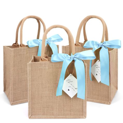 PRICES MAY VARY. ✔ PACKAGE INCLUDES - 6 burlap tote bags, 6 blue silk ribbons and 6 thank you cards. You can use these silk ribbons and thank you cards to decorate them as burlap gift bags for your parties! ✔LONG LASTING AND REUSABLE - These burlap bags are made of 100% natural jute, so they are great for the environment. Thickened jute(450gsm thickness) makes them stronger，long lasting and reusable. ✔ MEDIUM SIZE BUT LARGE CAPACITY - Approximately 9.8 x 9.8 x 7in. Perfect size to hold various i Personalized Burlap Bags, Couples Trip Gift Bag Ideas, Bridal Shower Gift Bags For Guests, Bachelorette Beach Party, Bridesmaids Bags, Bachelorette Goodie Bags, Wedding Guest Gift Bag, Bridal Shower Gift Bags, Bridgerton Wedding