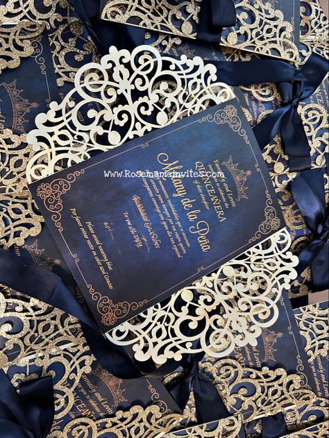 Any color $3.50 Navy Blue And Gold Quinceanera, Gold Quinceanera Invitations, Quince Invites, Debut Theme, Quince Cake, Gold Quince, Quince Invitations, Blue Quince, Quinceanera Decorations