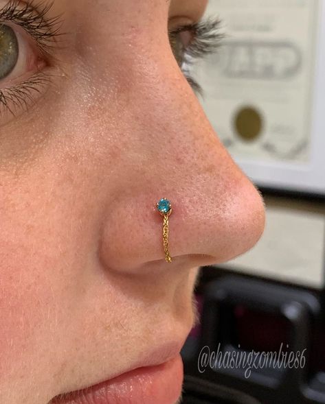 Kristen Adkins on Instagram: “Fancy upgrade on a healed nostril done elsewhere using a 2.5mm Paraiba Topaz from @sleepinggoddessjewelry and a 14k gold chain from…” Nostril Chain Piercing, Nose Ring Jewelry, Glass Menagerie, Gold Jewels Design, Nose Piercing Jewelry, Nose Jewelry, Nose Rings, Nose Piercing, Ring Jewelry