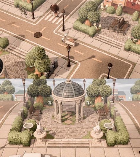 Acnh Structured Island, Acnh Solarpunk, Animal Crossing Empty Space Ideas, Acnh Citycore Ideas, Acnh Courtyard, Acnh Inspiration Town, Acnh Citycore Entrance, Acnh City Ideas, Acnh Empty Space Ideas