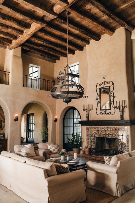 Rustic living room with high ceilings, wooden beams, a chandelier, beige sofas, and an ornate fireplace. Modern Heritage Home, Spanish Style Hacienda Home, Hacienda Style Room, Modern Spanish House Interior Design, Spanish Farmhouse Interior, Lime Paint Interior, Modern Spanish Style Homes Living Room, Traditional Colonial House Interior, Mediterranean House Living Room