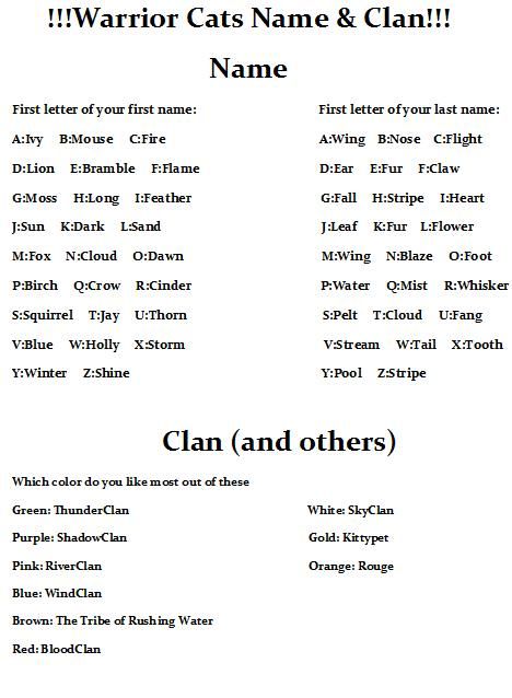 Name and clan!! i made this one myself.... hope its good!!! Clan Names Ideas, Warrior Name Generator, Warrior Cats Name Generator, Warrior Cats Clans, Clan Name, Different Cat Breeds, Warrior Cat Names, Cats Name, Warrior Cats Comics