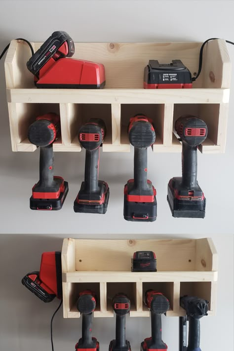 Organize your cordless power tools Work Bench, Wall Mounted Power Tool Storage, Tool Battery Charging Station Diy, Drill Organizer Charging Stations, Drill Storage Charging Stations, Drill And Battery Holder Garage Storage, Easy Garage Storage, Garage Storage Inspiration, Power Tool Storage