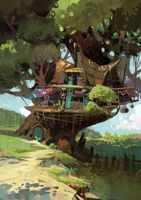 Tree house No.102, Chaichan Artwichai on ArtStation at https://www.artstation.com/artwork/V30DN Tree House Drawing, Concept Art Landscape, Treehouse Ideas, Fantasy Tree, Landscape Concept, Kunst Inspiration, House Illustration, Tin Art, House Drawing