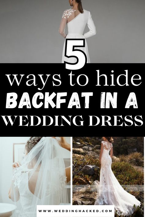 Body issues is something most people deal with at some point in their lives and for some it's a constant struggle. One day most women want to look their best on is their wedding day and while we believe that everyone is beautiful no matter what shape they're in- one insecurity that some might want to hide is their backfat in a wedding dress. This blog post goes over various ways to hide backfat in a weddding dress including different necklines, mermaid/trumpet wedding dress, a-line wedding dress Low Back Wedding Dress Plus Size, Wedding Dress Cleavage Cover, How To Cover Backless Dress, Wedding Dress Alterations Ideas, Covered Back Wedding Dress, Mermaid Trumpet Wedding Dress, Wedding Dress Column, Wedding Dress Shapes, Tight Wedding Dress