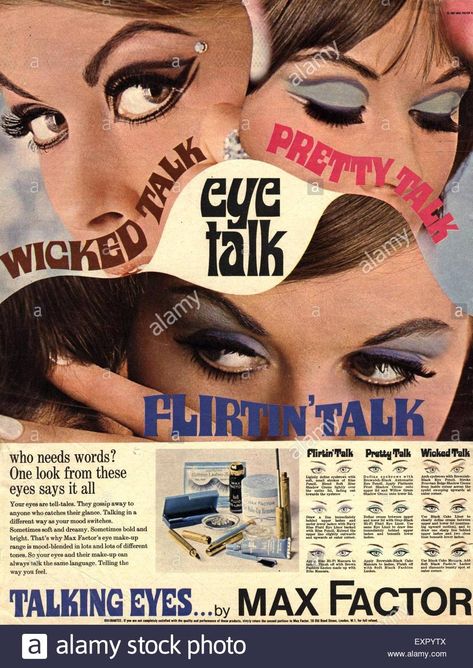 1960s Eye Makeup, Eye Talk, 1960s Makeup, Vintage Makeup Ads, 60s Aesthetic, 60s Makeup, 70s Makeup, Makeup Ads, Retro Makeup