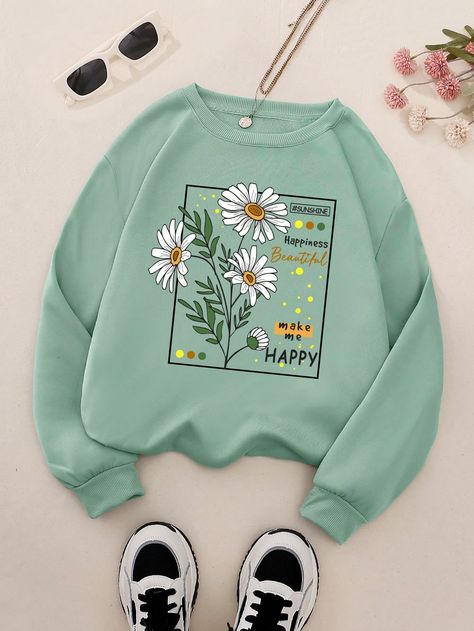 Mint Green Casual Collar Long Sleeve Fabric Floral,Slogan Pullovers Embellished Slight Stretch Fall/Winter Women Clothing Cozy Hoodie Aesthetic, Cute Sweatshirts Aesthetic, Artsy Clothing, Funny Clothes, Cute Dress Outfits, Women Sweatshirts, Cute Hoodie, Easy Trendy Outfits, Cute Sweatshirts