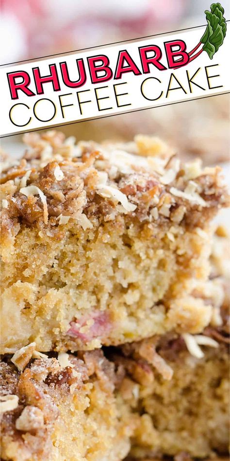 Rhubarb Streusel Coffee Cake is a moist buttermilk cake full of fresh rhubarb and topped with a crunchy coconut and pecan streusel. This recipe is sure to be your new favorite brunch or dessert every spring! Rhubarb Coconut Cake, Fresh Rhubarb, Buttermilk Cake, Streusel Coffee Cake, Rhubarb Cake, Homemade Cheesecake, Rhubarb Recipes, Brunch Dishes, Delicious Pies