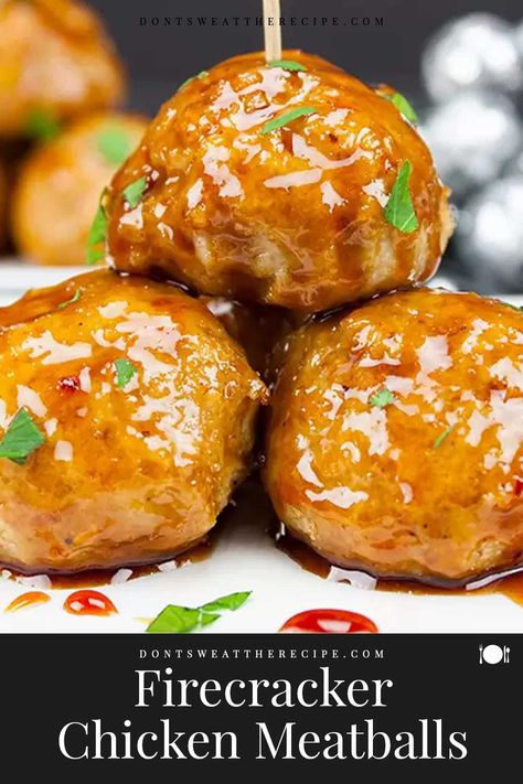 Firecracker Chicken Meatballs pack loads of spicy, sticky, slightly sweet flavor in one little morsel! #appetizer #party #recipe #holidays #chicken #spicy Sticky Chicken Meatballs, Chicken Meatballs Crockpot, Firecracker Chicken Meatballs, Optavia 30, Firecracker Meatballs, Vacation Recipes, Cracker Chicken, Firecracker Chicken, Appetizer Party