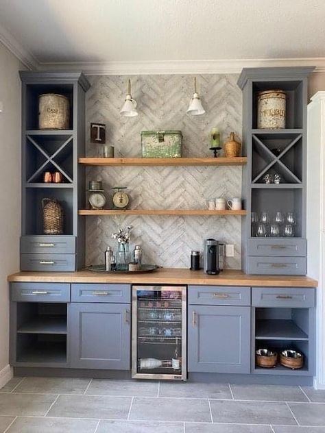 Wet Bar With Shiplap, Dining Room Bar Ideas Small Spaces, Wall Bar Cabinet Ideas For Home, Built In Cabinet Bar Area, Dining Room Buffet Backsplash, Coffee Bar Ideas Built In Wall, Built In Coffee Bar Living Room, Built In Bar Shelving, Built In Shelves Living Room With Bar