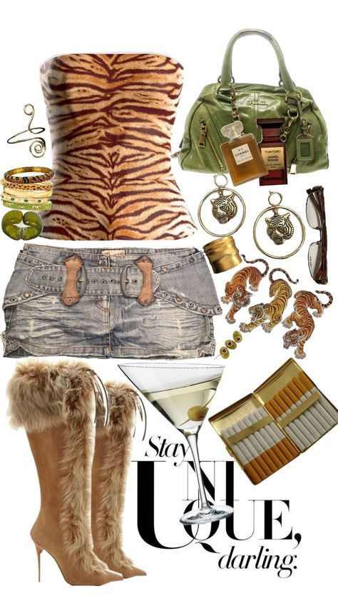 Brown And Gold Outfit Ideas, Aruba Outfits Black Women, Celebrities Y2k Fashion, Green And Cheetah Print Outfit, Gold Y2k Aesthetic, Pink And Animal Print Outfit, 2000s Concert Outfit Ideas, Cheetah Inspired Outfit, Tiger Clothes Fashion