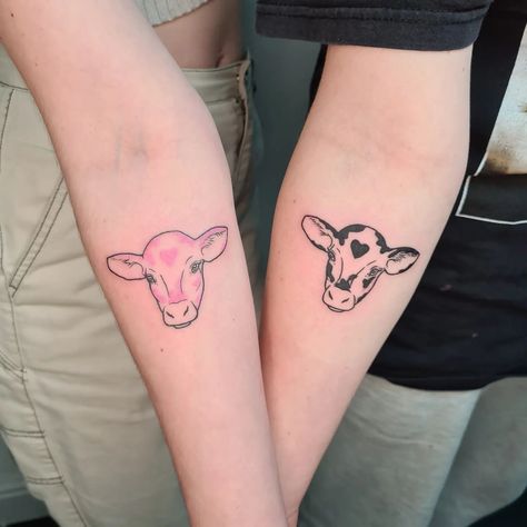 cow tattoo • Instagram Tiny Cow Tattoo, Simple Black Tattoos, Farm Tattoo, Brighton Tattoo, Floral Tattoo Shoulder, Cow Tattoo, Bestie Tattoo, Hand Poked Tattoo, Female Tattoo Artists