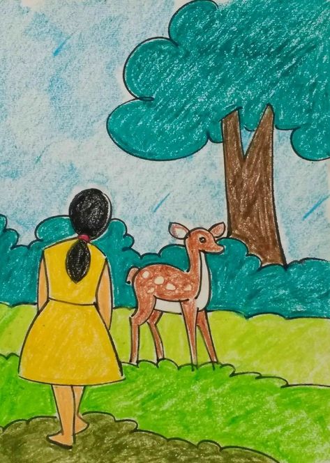 Cartoon Drawing For Kids, Scenery Drawing For Kids, Easy Scenery Drawing, Pastel Gras, Oil Pastel Drawings Easy, Easy Art For Kids, Drawing Competition, Oil Pastel Paintings, Beautiful Art Paintings