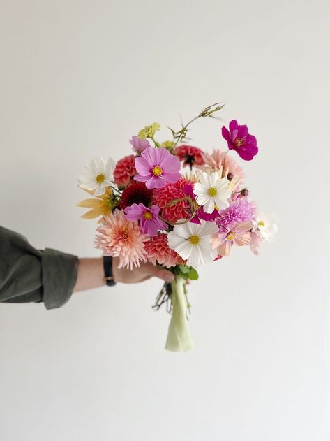 Wedding Flowers Simple Bouquet, One Flower Bridal Bouquet, Bride Bouquets Bright Colors, Small Colourful Bridal Bouquet, Colorful Small Bouquet, British Wedding Flowers, British Summer Flowers, Dahlia Flower Wedding Centerpieces, Small Colourful Bouquet