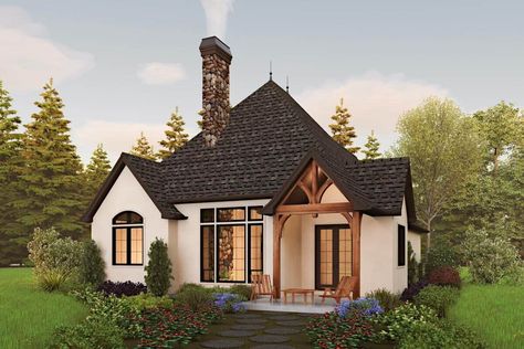 Single-Story 2-Bedroom Storybook Cottage Home with Single Garage (Floor Plan) Storybook Cottage House Plans, 2 Bedroom Cottage, European Cottage, Small Cottage Homes, Cottage Floor Plans, Cottage Style House Plans, A Small House, Storybook Cottage, Bedroom Cottage