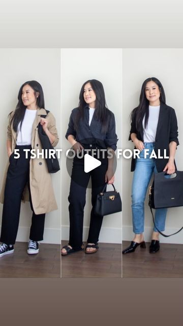 Sharon ♡ minimal fashion + intentional living on Instagram: "5 T-Shirt Outfits for fall ✨ which one would you wear 1-5? Here are 5 of the 10 transitional fall looks from my NEW YouTube video! I’m all about making the most of simple wardrobe basics, and this time, it’s all about the timeless white tee. For details and thoughts on each outfit (+ the other 5!) catch my full video on my YouTube channel, or explore the details in my new blog post – All linked in my bio 💙

#fallfashioninspo #tshirtoutfitideas #intentionalwardrobe #minimalistoutfits" T Shirt Outfits, Simple Style Outfits, Outfits For Fall, Simple Wardrobe, Shirt Outfits, Girl Tips, New Blog Post, Intentional Living, Wardrobe Basics