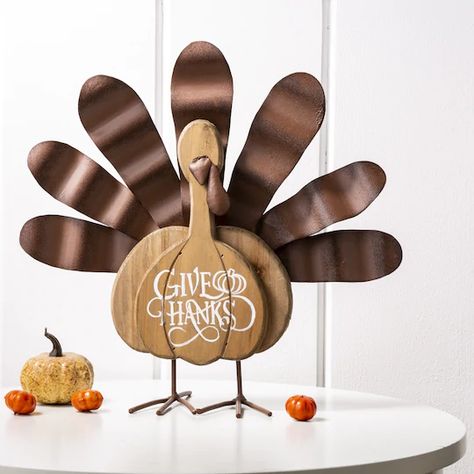 Buy the Glitzhome® 12" Wood & Metal Turkey Tabletop Accent at Michaels.com Thanksgiving Turkey Decor, Wood Turkey, Metal Claws, Wooden Turkey, Turkey Table, Turkey For Thanksgiving, Turkey Decor, Living Room Mantel, Metal Wings