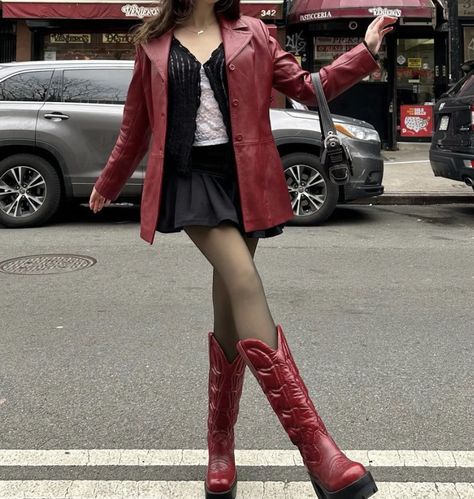 Red Boots Aesthetic Outfit, Aerith Inspired Outfit, Red Rockstar Outfit, Cherry Outfit Aesthetic, Crimson Outfit, Vintage Corset Outfit, Redhead Outfits, Outfits With Red, Rockstar Girlfriend