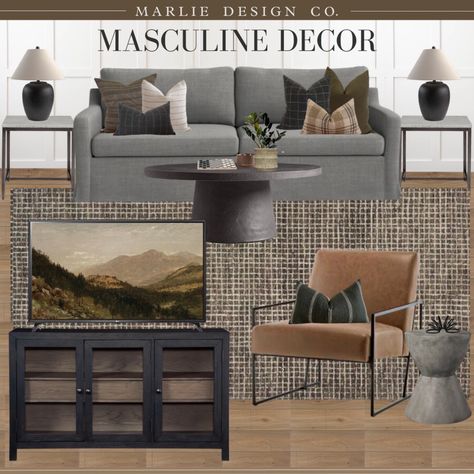 Masculine Living Room Gray Couch, Gray Couch Leather Chair, Masculine Pillows Couch, Rug For Man Cave, Masculine Grey Living Room, Living Room Designs Masculine, Grey Couch Leather Chair, Fireplaces For Small Living Rooms, Masculine Living Room Grey Couch