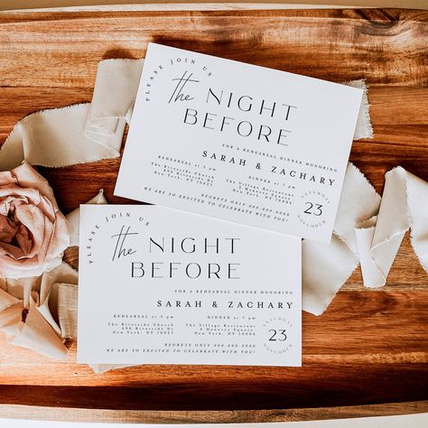 Set the tone for your unforgettable pre-wedding party with 'The Night Before Invitation'. This classic-styled digital template, adorned with elegant typography, is the perfect rehearsal dinner invitation for couples who appreciate the beauty of simplicity. Fully editable on Templett.com, it provides the flexibility to personalize your invite directly in your web browser. Make your pre-wedding celebration as special as your love story with this exquisite editable invitation. Gather your loved one The Night Before Invitations, The Night Before, Invitation Minimalist, Dinner Invitation Template, The Night, Pre Wedding Party, Rehearsal Dinner Invitation, Elegant Typography, Dinner Invitation