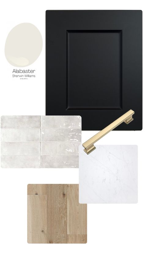 Kitchen Mood Board Black Cabinets, Mixing Cabinet Colors, House Finishes Interior Design, Black Kitchen White Appliances, Basement Kitchen Cabinet Colors, Bathroom Mood Board Inspiration Master Bath, Basement Mood Board, House Palette Interiors, Half Bath Floor Tile