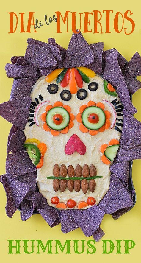 This healthy appetizer idea of Dia de los Muertos Hummus Dip is dressed to impress your guests for your next Halloween party! Fun Halloween Appetizers, Buffet Halloween, Vegan Halloween Food, Halloween Potluck, Creepy Halloween Food, Halloween Camping, Halloween Food Appetizers, Day Of The Dead Party, Vegan Halloween