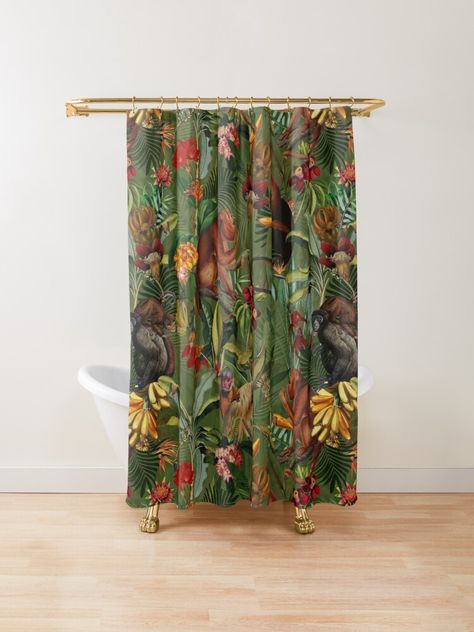 Tropical monkey jungle pattern – dark green • Millions of unique designs by independent artists. Find your thing. Mermaid Shower Curtain, Dark Green Bathrooms, Mermaid Home Decor, Green Shower Curtains, Bath Makeover, Flower Shower Curtain, Jungle Pattern, Garden Shower, Insulated Curtains