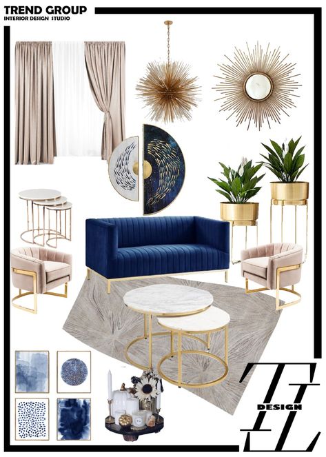 Glam Mood Board Interior Design, Office Decor Blue And Gold, Blue Couch Office Ideas, Neutral Living Room Navy Accents, Blue Living Room Gold Accents, Blue Sofa Luxury Living Room, Living Room Designs Modern Luxury Blue, Blue And Gold Modern Living Room, Gray Navy Gold Living Room