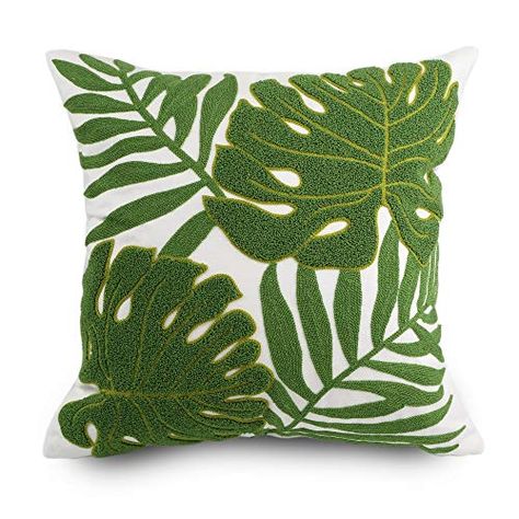 Leaves Embroidery, Boho Dorm, Leaves Pillow, Tropical Green, Floral Pillow Cover, Outdoor Pillow Covers, Monstera Leaves, Green Pillows, Embroidered Cushions