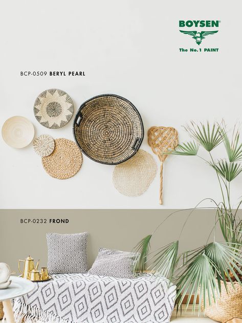 Get that #BohoAesthetic with this two toned wall of pearl white and pale olive. Being true neutrals, these hues go well together, giving off a horizon-on-grasslands type of vibe - an ideal base that you can build your space around.  #BOYSEN #BOYSENPaints - - - Color codes: BOYSEN Color Palette BCP-0509 Beryl Pearl and BCP-0232 Frond Scandi Industrial, Two Tone Walls, Color Codes, Boho Aesthetic, House Paint, Better Together, 1st Bday, Paint Color, Color Ideas