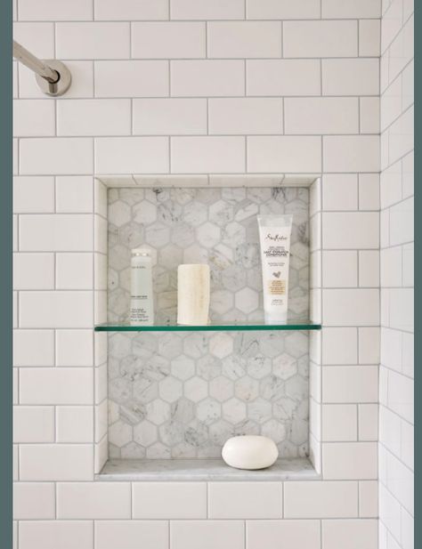 Bathtub Niche Placement, Shower Niche Placement, Shower Niche Tile Ideas, White Subway Tile Shower, Shower Alcove, Tile Shower Niche, Gross Things, White Tile Shower, Bathroom Niche