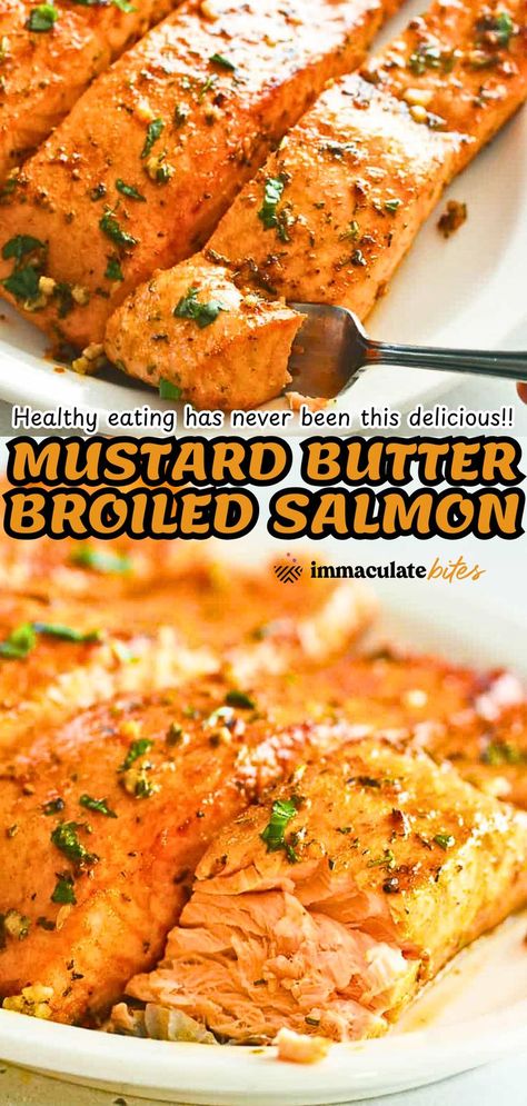 Healthy eating with this Mustard Butter Broiled Salmon! This naturally delicious seafood dish features fork-tender salmon coated in a delectable mustard butter sauce, broiled to perfection. Quick to prepare, it’s an ideal choice for busy weeknights when you crave a satisfying meal without the fuss. Enjoy a flavor-packed healthy treat that’s as easy as it is tasty! Buttered Salmon, Broiled Salmon Recipes, Mustard Butter, Broiled Salmon, Butter Salmon, Seafood Recipe, Seafood Recipes Healthy, Baked Asparagus, Healthiest Seafood