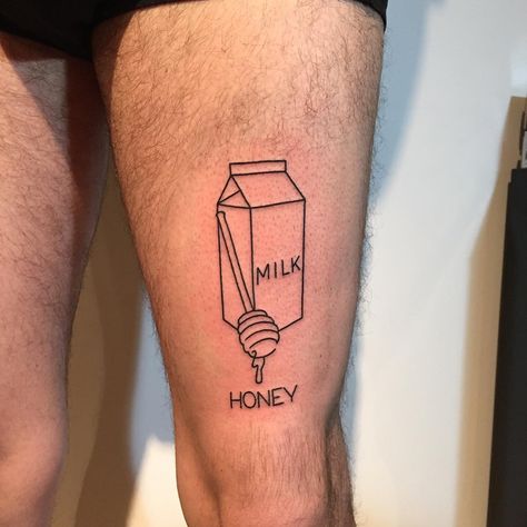 Milk and honey tattoo on the left thigh Milk And Cookies Tattoo, Milk And Honey Tattoo Ideas, Milk And Honey Tattoo, Honey Tattoo Ideas, Milk Tattoo, Edgy Tattoos, Honey Tattoo, Sticker Sleeve, Black Line Tattoo