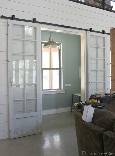 Barn Door Basement, Tiny Home Office, Double Sliding Barn Doors, Window Panes, Barn Door Designs, Glass Barn Doors, Bedroom Door Design, Double Barn Doors, Vintage Hardware