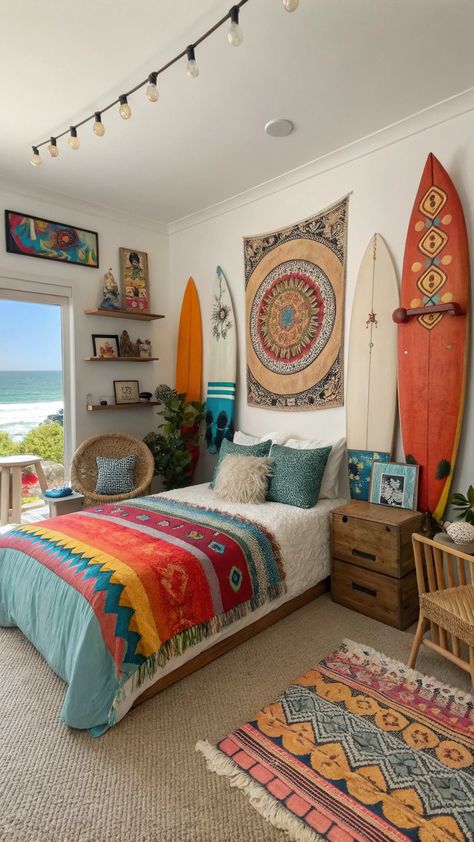 Beachy Boho Bedroom Hawaiian Style Bedroom, Beachy College Dorm Room Ideas, Vintage Beach Bedroom Ideas, Costal Boho Room, Hawaii Bedroom Aesthetic, Beach Dorm Room Aesthetic, Sea Inspired Bedroom, Coastal Hippie Aesthetic, Beach Room Theme