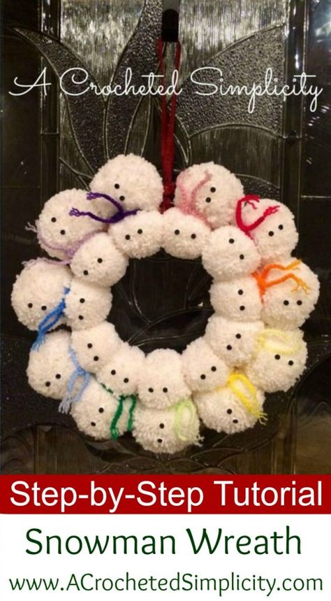 Snowman Pom Wreath Tutorial - A Crocheted Simplicity Christmas Pom Pom Crafts, Diy Snowman Decorations, Christmas Primitive Crafts, Christmas Pom Pom, Snowman Crafts Diy, Pom Wreath, Cheap Christmas Diy, Crochet Wreath, Pom Pom Wreath