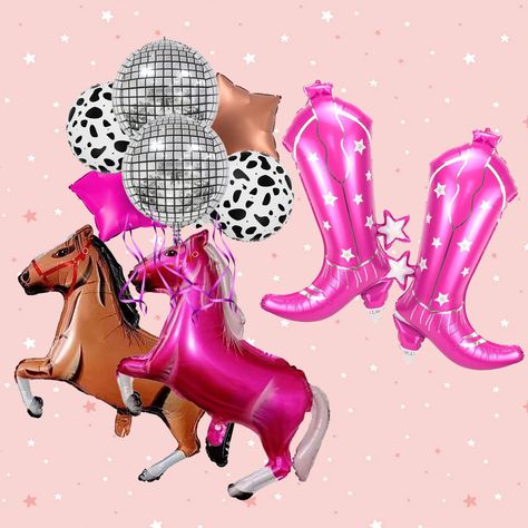 PRICES MAY VARY. Everything a Girls Party Needs: Make a statement at your next bachelorette party or bridal shower with this stunning 10PCS disco cowgirl decorations set, which includes 2 oversized cowgirl boot balloons, 2 different colored horses, 2 disco 4D balloons, 2 stars and 2 Cow print balloons, lets go girls party decorations unique design will add a touch of fun and excitement to your celebration, everyone will love it! Floating in the air: These gorgeous western foil balloons are speci Pink Pony Club Birthday, Disco Cow Girl Birthday Party, Pink Pony Club Bachelorette, Toddler Cowgirl Birthday Party, Disco Cowgirl Party Decor Ideas, Retro Cowgirl Birthday Party, Lets Go Girls Birthday Party, Cowgirl Balloons, Western Cowgirl Party