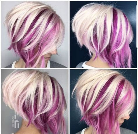 CUT! Short Hair Pink Highlights, Undercut Bob Haircut Short, Line Bob Haircut, Peekaboo Hair, Purple Highlights, Short Hair Color, Haircut And Color, Bob Haircut, Short Hair Styles Pixie